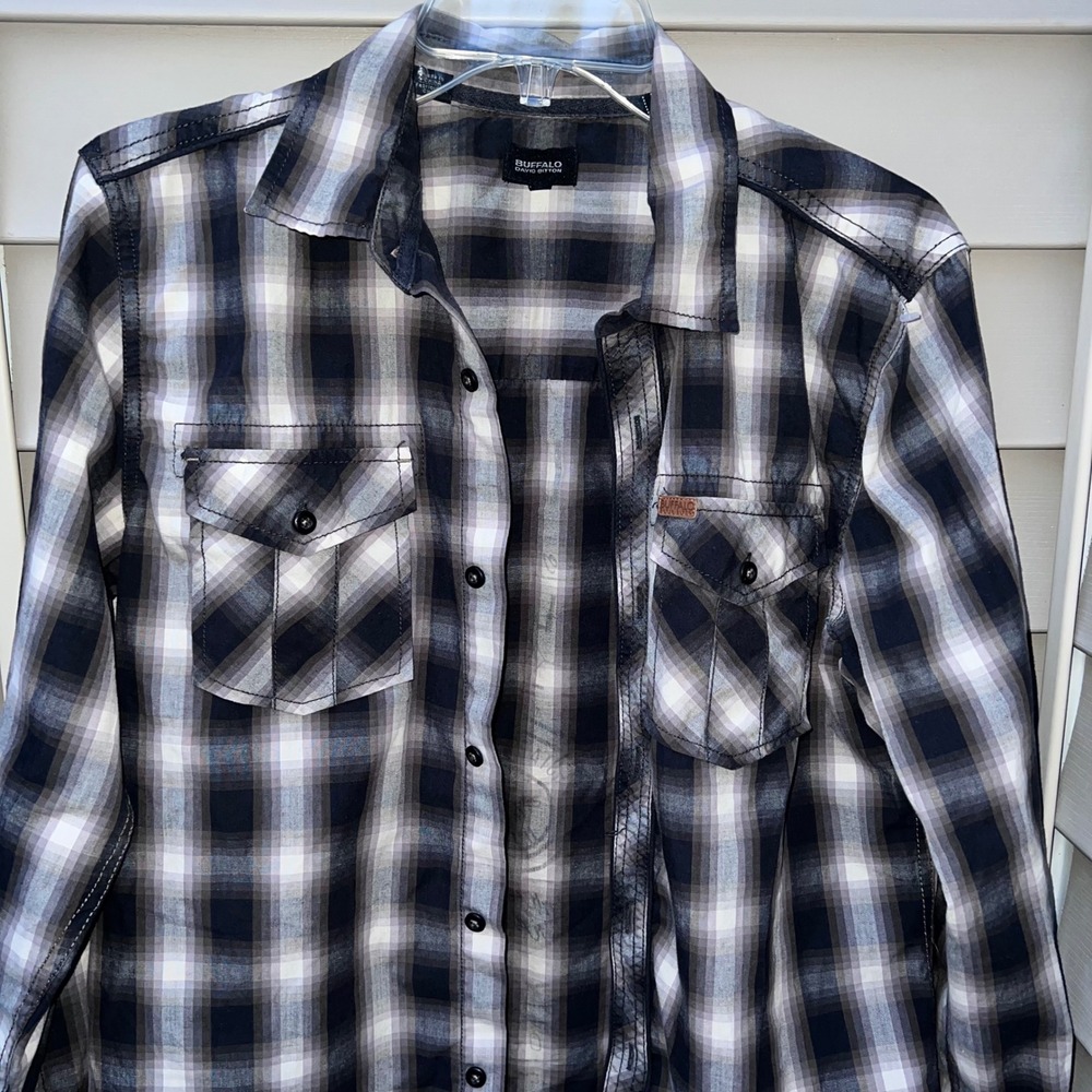 Buffalo David Bitton Mens Plaid Button Down Shirt Black Grey Graphic Back Small